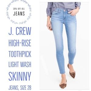 J. Crew High-Rise Light Wash Skinny Jeans, Size 28